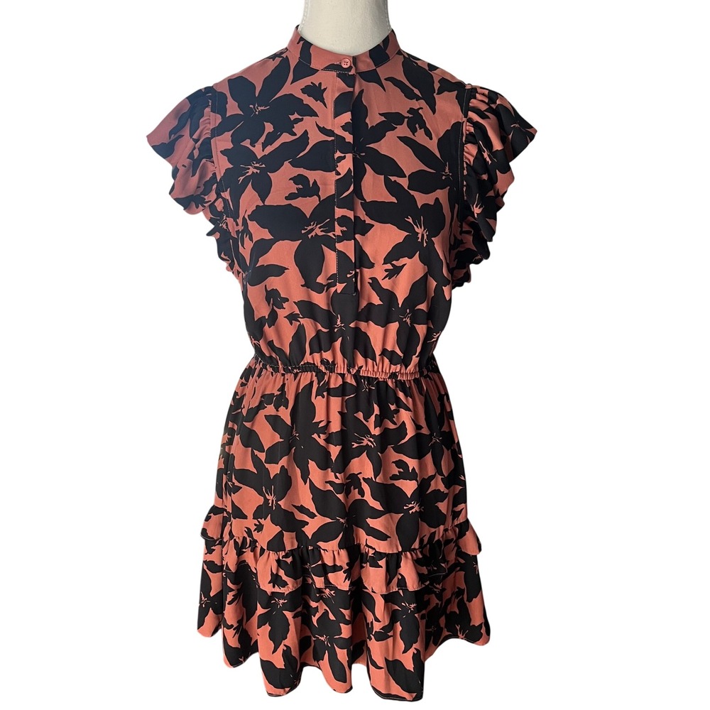 Joie Krystina Pink Black Floral Mock Neck‎ Ruffle Mini Dress Women XS